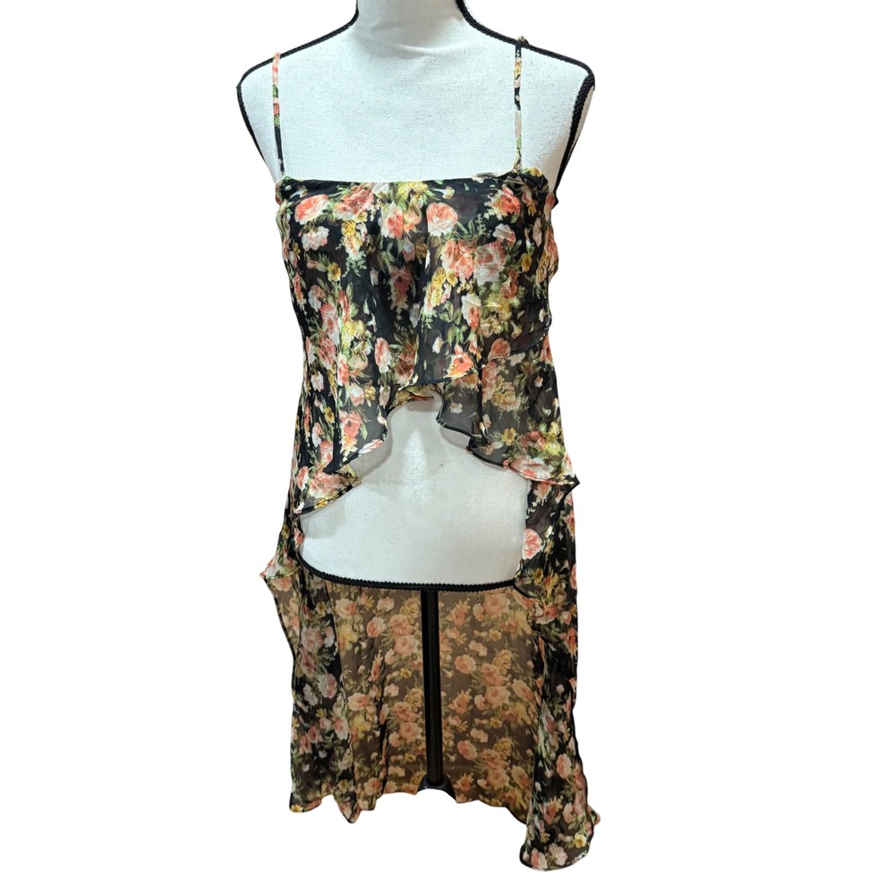 UNIF Black Floral Sheer High Low Chiffon Cami Top Dress Spaghetti‎ Strap XS NWT
